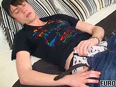 Skinny twink strokes off his large uncut wood and cums