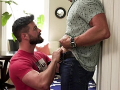 Reece Scott bangs the bearded Kyle Steele against the wall