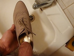 Piss in wifes lace-up high heel shoe