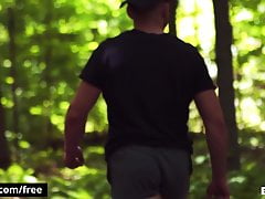Bareback fucking with two hunks in the woods - BROMO