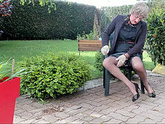 sexyputa outdoor showing slide and seamed nylons