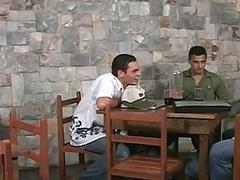 Doggy style gay threesome with army hunks