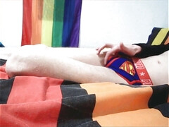 Playing in Superhero underwear with cumshot