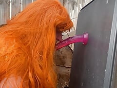 Sissy outdoor skull fucking a dildo