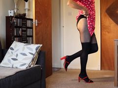 Sussanne sexy nylon legs and feet. Black suspender tights, red high heel sandals, summer flower dress.