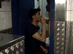 Sexy lover gets ass fucked by a random guy in a public toilet