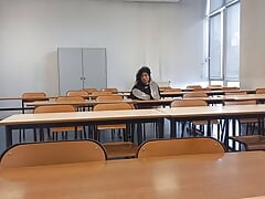 Horny at school during course revision, this French-Asian student takes out his cock in public, jerks off in a risky university