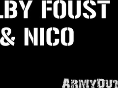 Two tattooed soldiers masturbating before fucking raw