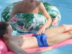 Young stud Corey Law takes it raw from hung hunk Tony Milak at the pool