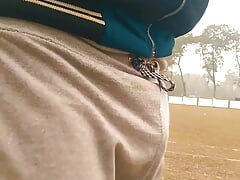 After 4 days Outdoor Chastity Cage show off Huge bulge