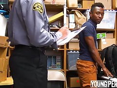 Security office: ebony twink rides officer's dick with fire