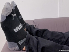 Tattooed grizzly Drew takes off and displays his size 12 soles