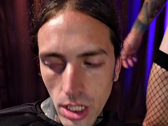 Mesmerized crossdresser in fishnets fucks her tattooed boyfriend until he cums