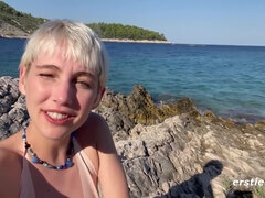 Leie, Strand, Blondine, Vollbusig, Frau, Muschi, Solo, Titten