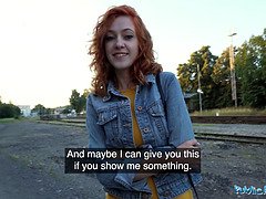 Ginger redhead waitress deepthroats and takes it doggystyle outside