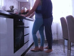 Stepbrother hard fucks teen stepsister in kitchen and creampies her tight pussy