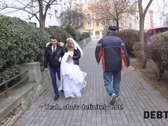 Debt collector pounds bride in white dress & stockings in POV reality video