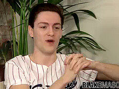 British lad strokes his big dick vigorously post-interview