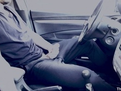 Car wank, hot guy, outdoor