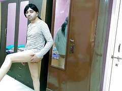 Sweet sissy crossdresser femboy Sweet Lollipop in her stepsister's t-shirt only.