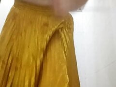 Wetting and Cumming Wearing Shiny Gold Pleated Skirt