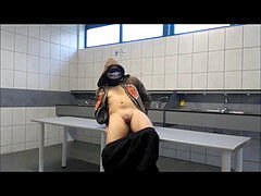 milking off in a public laundry room