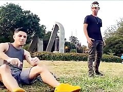 Two Young Guys Meet In The Park