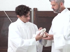 Priest moans as young twink bounces on his hard cock