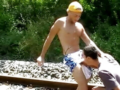 Amazing exhib with twink fucked in exhib train rail