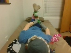 Wool sock bondage, hogtied gagged, jeans bondage