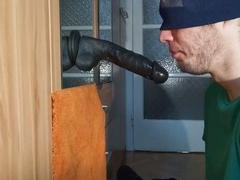 Massive 8-inch dildo goes all the way down the throat and cums