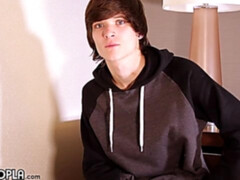 Floppy-haired solo boy Jesse Webster jerking his stiff dick