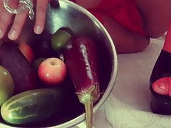 Crossdresser slut fucks ass with fruits and vegetables