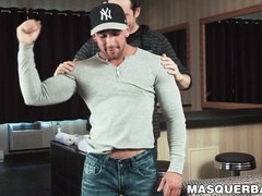 Stud strokes his dick while another man is touching him