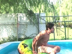 Farting, nude swimming, outside