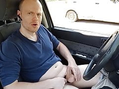 Gay masturbation in a car with a huge cum