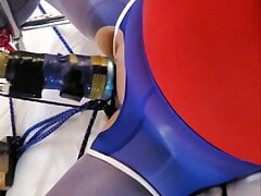 Sissy in spandex tied to bed and milked by machine