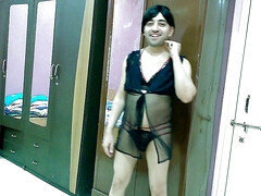 Sexy sissy crossdresser femboy Sweet Lollipop in a sexy black lingerie.