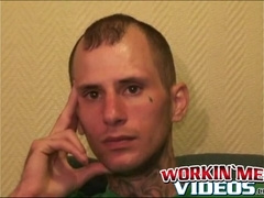 Tattooed first-timer plays with his hard-on and comes on his tummy