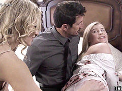 Busty stepmom shares boyfriend's cock with bisexual stepdaughter in wild threesome