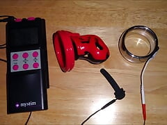 Electro cum milking with red an black chastity cage