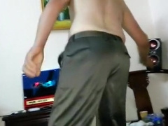 Playing with his large cock in Shiny Satin trousers panties