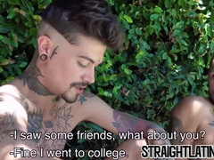 Tattooed Latino jock outdoor bareback hammered after blowjob