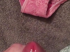 Massive cumshot over wife's pink panties