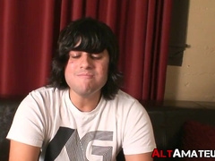 Long haired alternate amateur is stroking his enormous dick