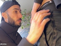 Gay Arab cocksucker gives a deep throat to a hung thug in a parking lot oral fest