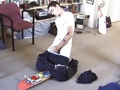 Skater christens his new board by dropping a load of jizz on it