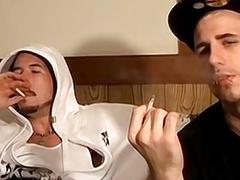 Two straight thugs stroke their long cocks and cum