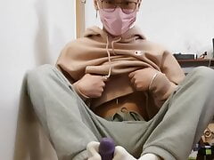 Asian Sissy Femboy Cum in White Socks and Chastity Cage