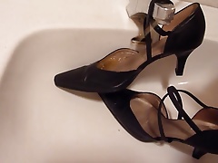 Piss in wifes black strappy high heels